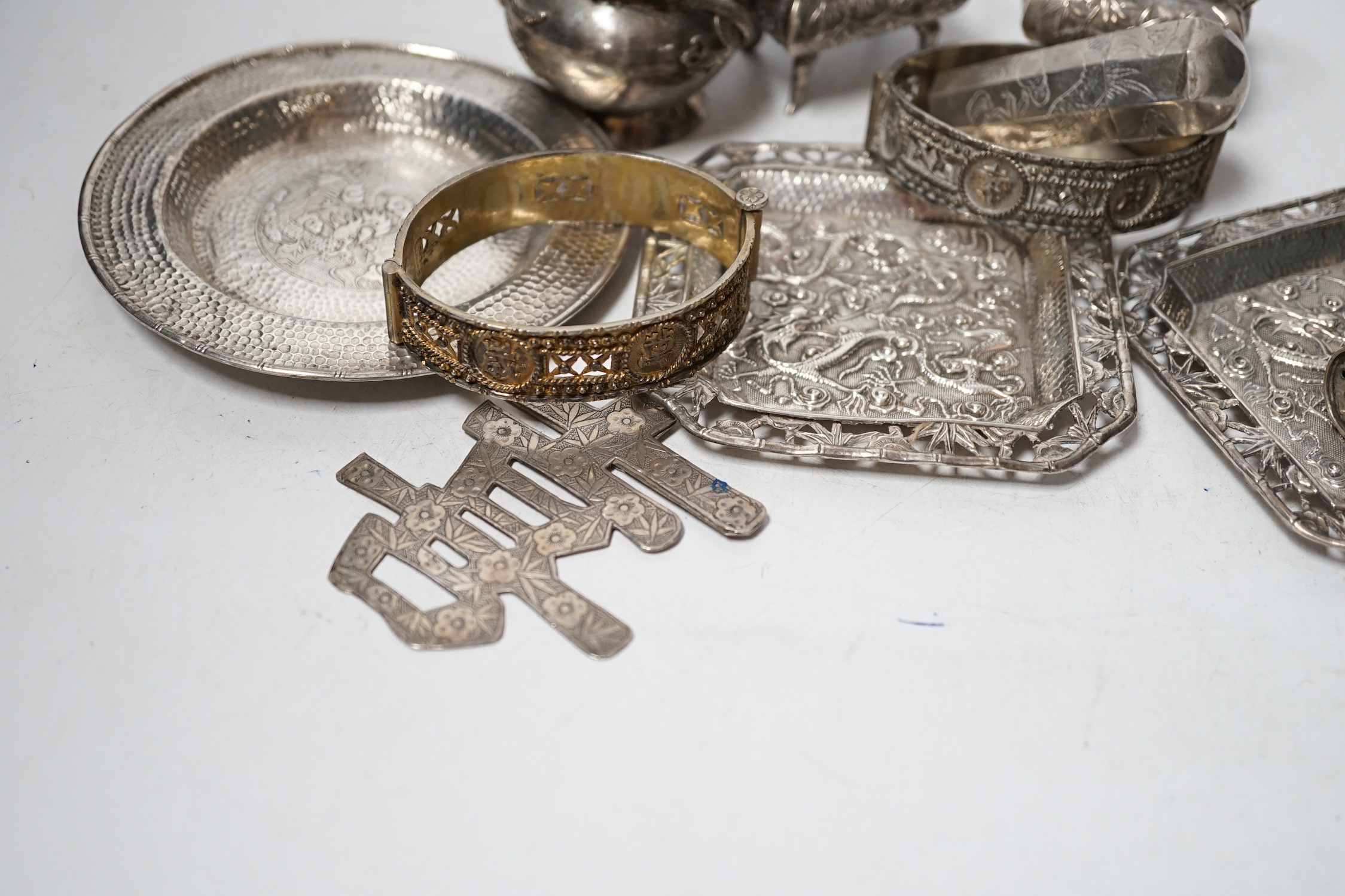 Chinese white metal items including small dishes, pair of salts, box and cover, two bangles etc.